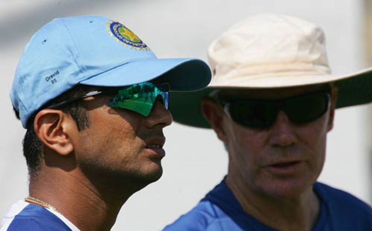 India captain Rahul Dravid and coach Greg Chappell before the second ODI with South Africa, Durban, November 21, 2006