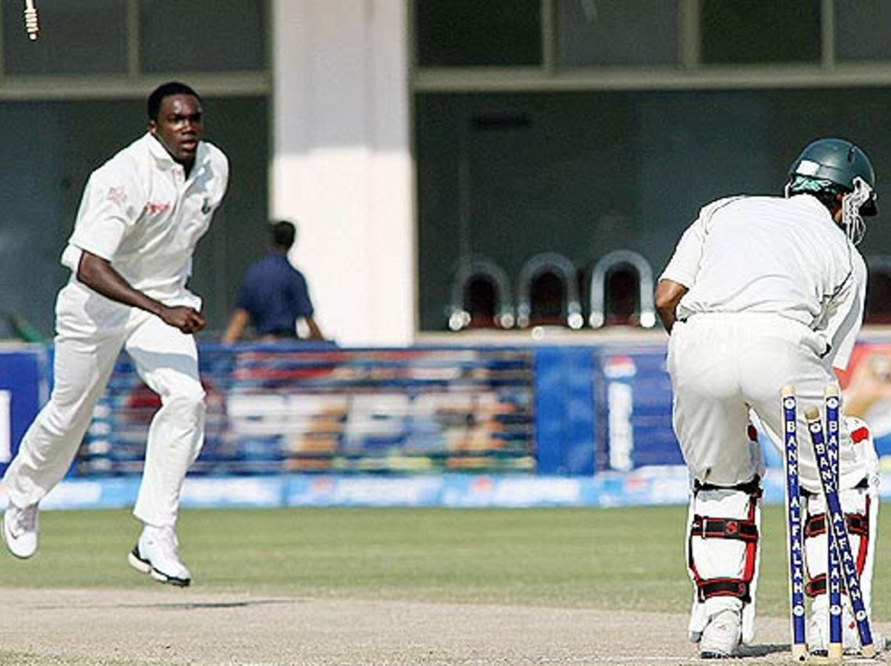 Jerome Taylor knocks back Mohammad Hafeez's off stump, Pakistan v West Indies, day four, 2nd Test, Multan, November 22, 2006