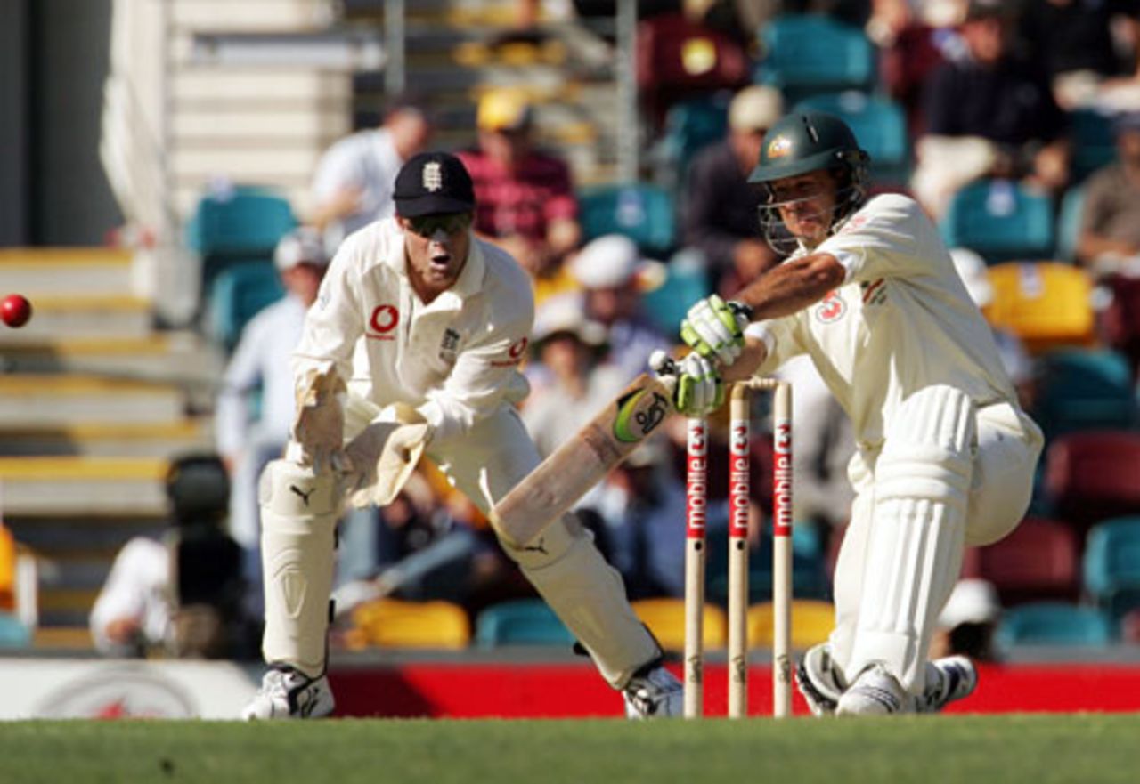Ricky Ponting drives Ashley Giles though the off-side as Geraint Jones watches, Australia v England, 1st Test, Brisbane, November 23, 2006
