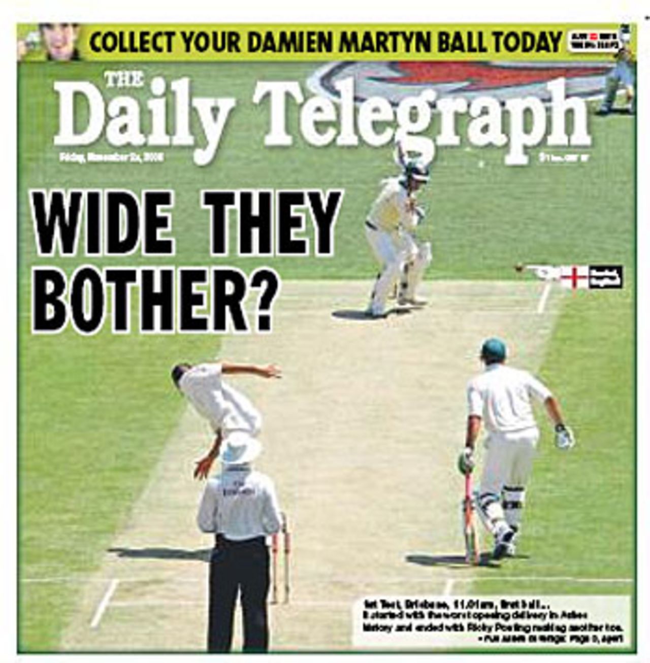 First-day bragging rights to Australia: the front page of Sydney's <I>Daily Telegraph</I>, Australia v England, 1st Test, Brisbane, November 24, 2006