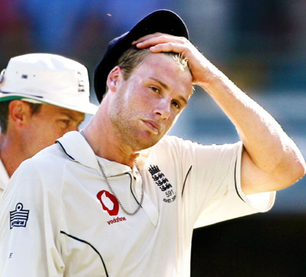 The strain shows on Andrew Flintoff's face, Australia v England, 1st Test, Brisbane, November 24, 2006