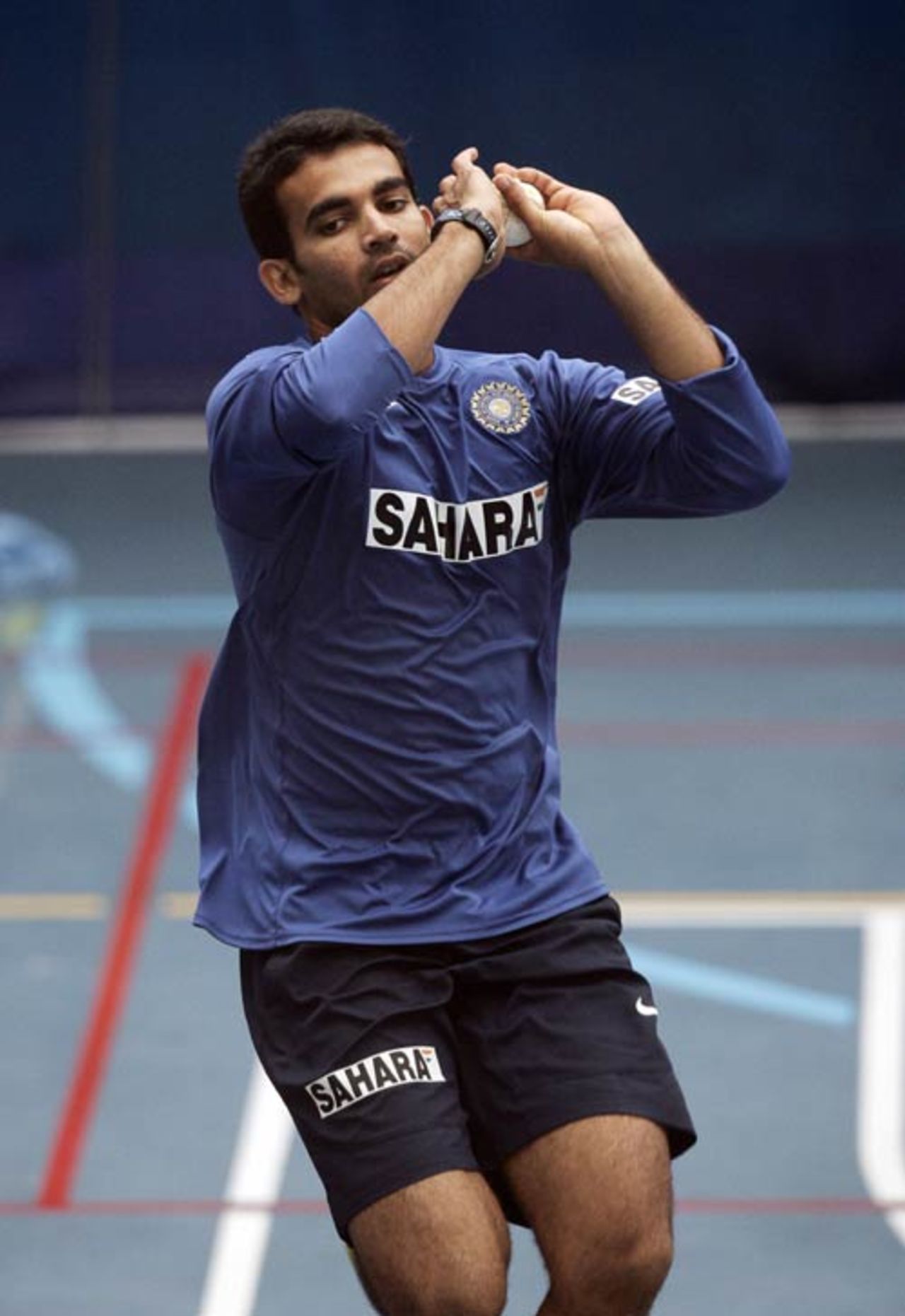 Zaheer Khan bowls during a training session at University of Cape Town sport centre, Cape Town, November 24