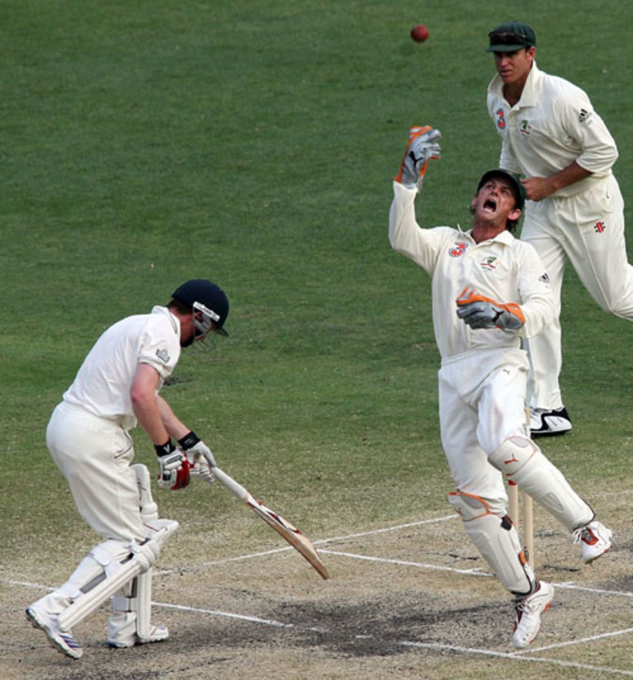 A delighted Adam Gilchrist celebrates stumping Paul Collingwood, Australia v England, 1st Test, Brisbane, November 26, 2006