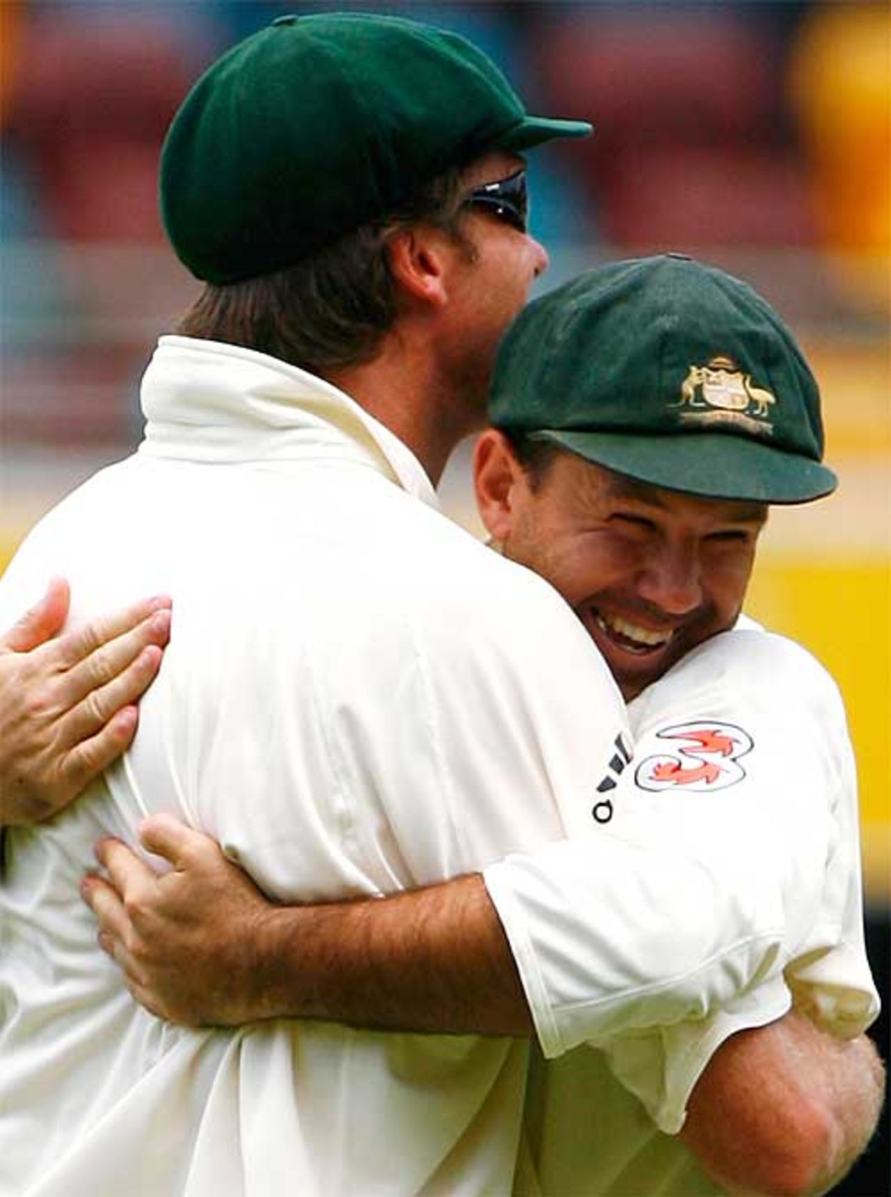 Big hug: Ricky Ponting grasps Glenn McGrath after Australia wrap up victory, Australia v England, 1st Test, Brisbane, November 27, 2006