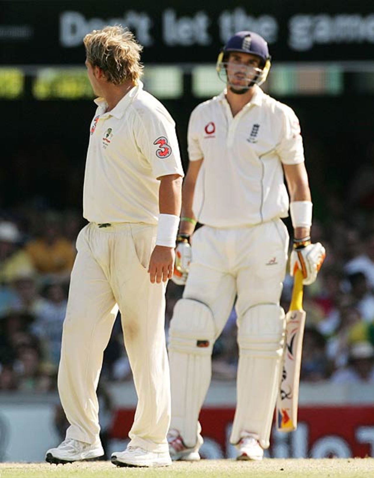 Shane Warne looks back at Kevin Pietersen after an unsuccessful appeal, Australia v England, 1st Test, Brisbane, November 26, 2006
