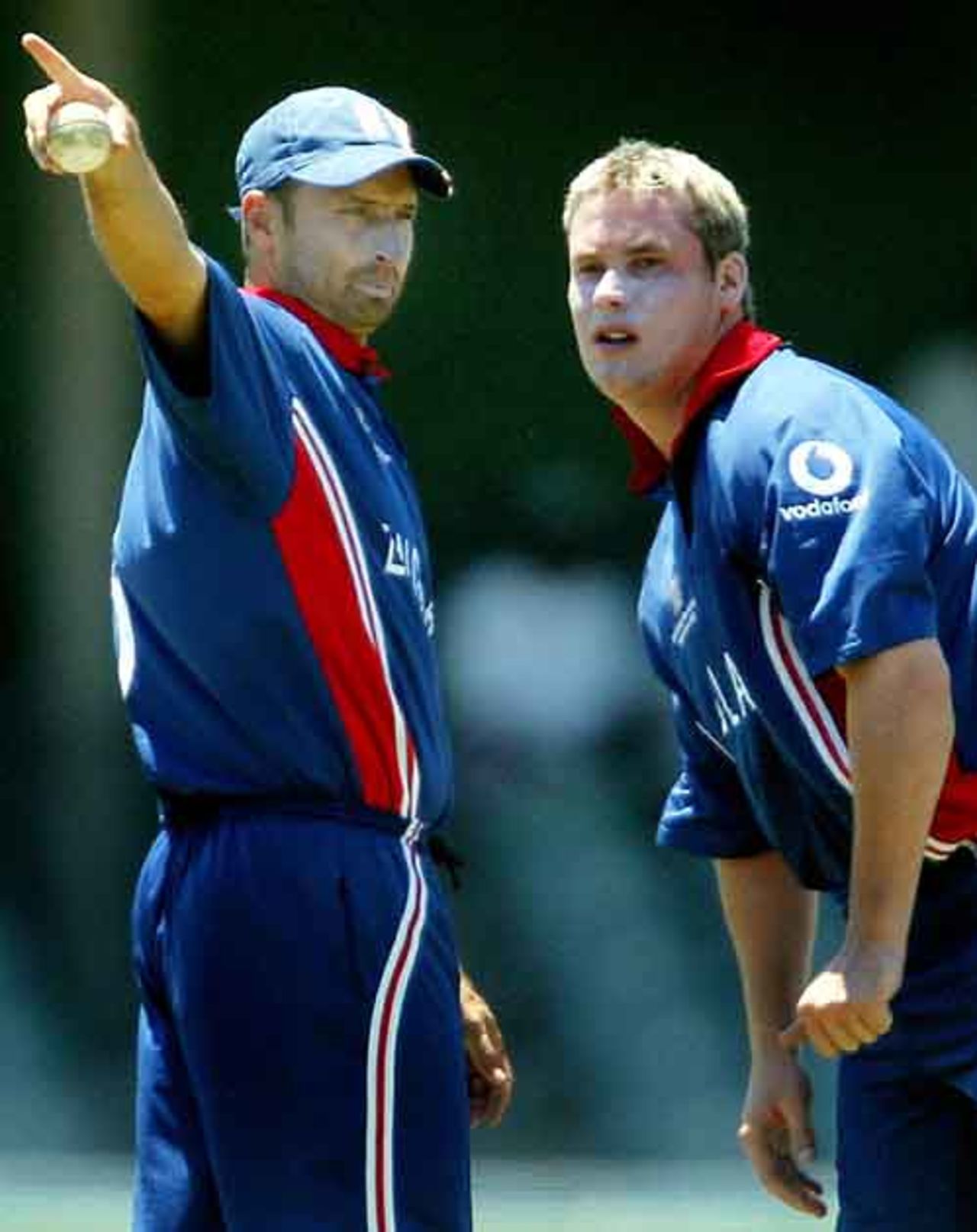 England's skipper Nasser Hussain instructs bowler Ian Blackwell during their World Cup warm up match against Border Bears at Buffalo Park in East London, South Africa, February 6, 2003.