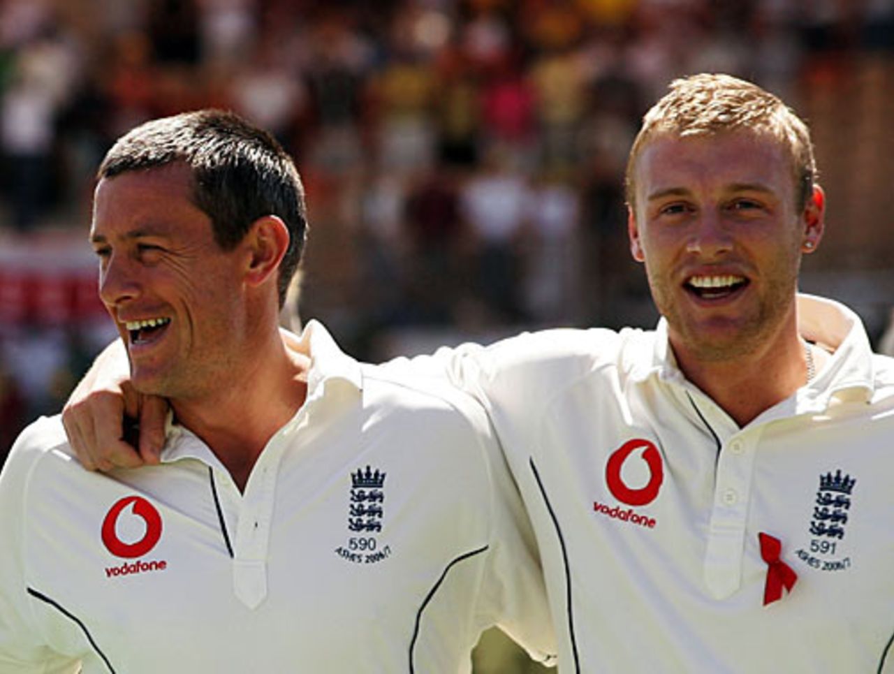 Ashley Giles and Andrew Flintoff smile during the pre-match national anthems, Australia v England, 2nd Test, Adelaide, December 1, 2006