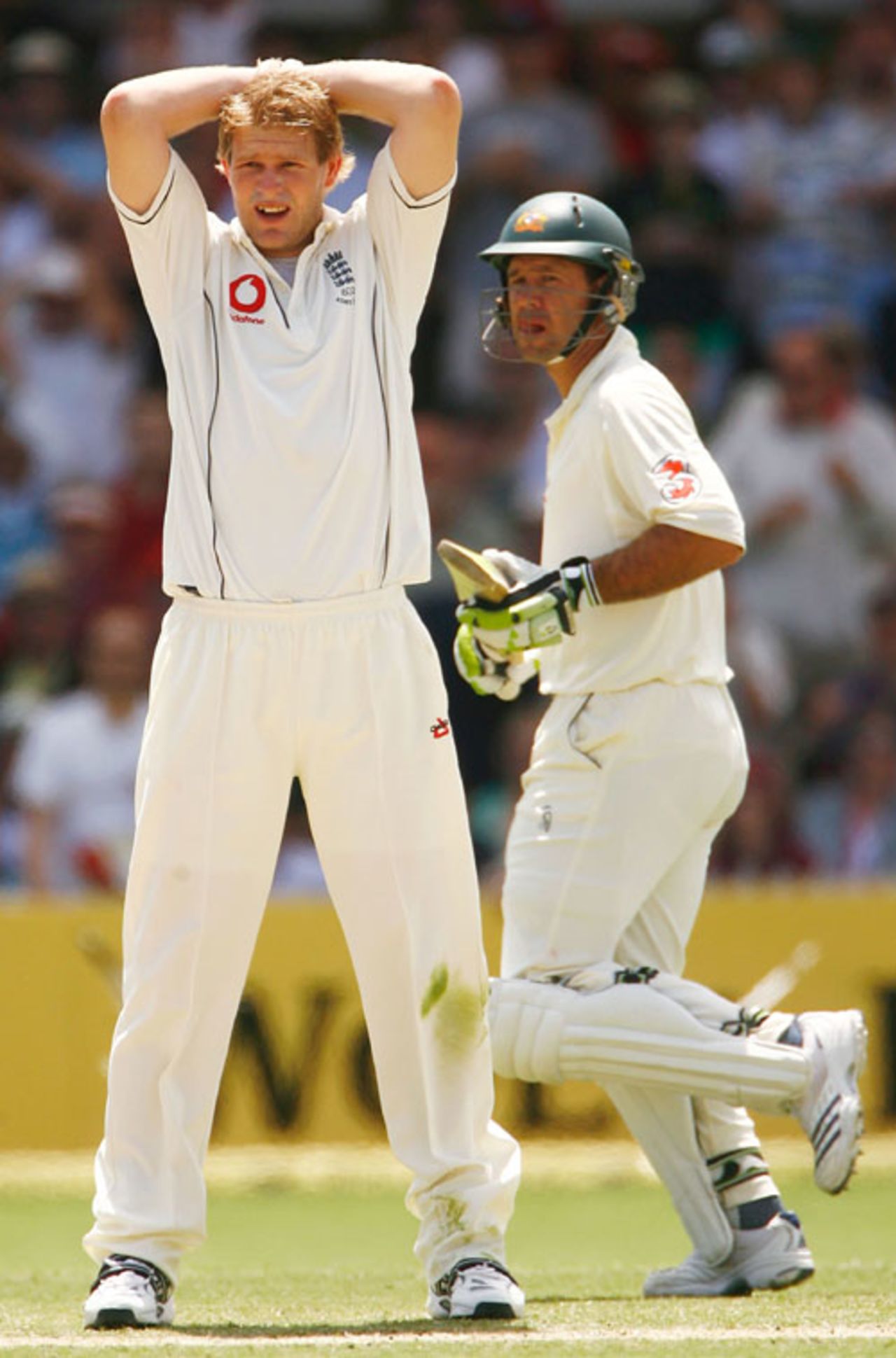 Matthew Hoggard can only look as Ricky Ponting is dropped in the deep by Ashley Giles, Australia v England, 2nd Test, Adelaide, December 3, 2006