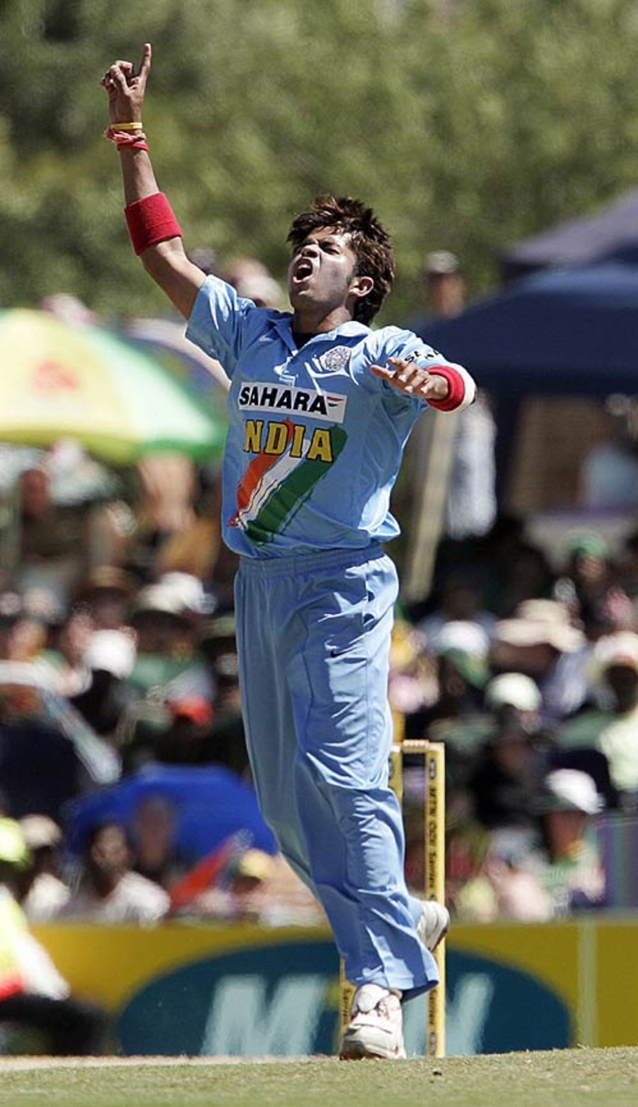 Sreesanth reacts after a close call, South Africa v India, 5th ODI, Centurion, December 3, 2006