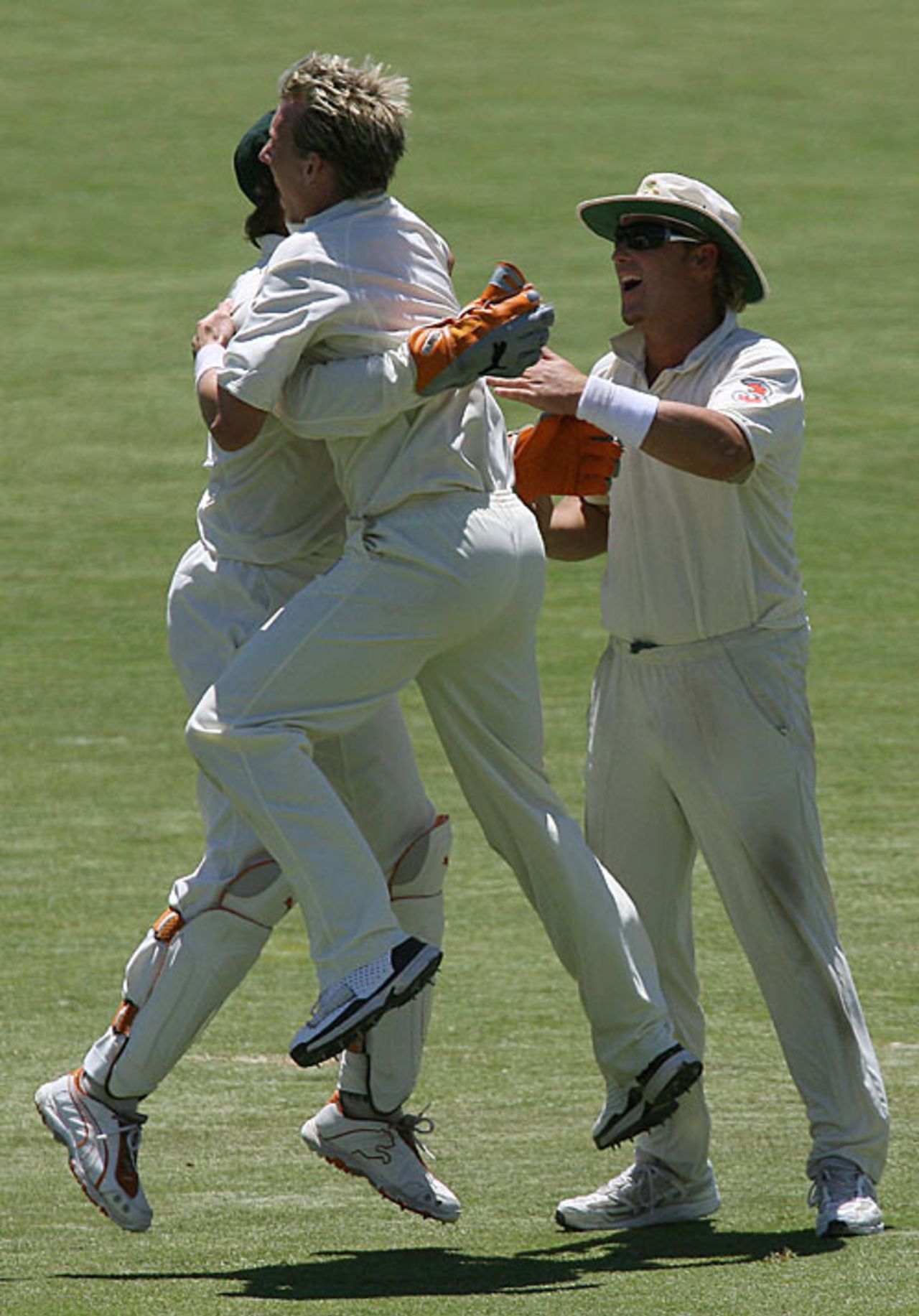 Brett Lee is congratulated on dismissing Andrew Flintoff, Australia v England, 2nd Test, Adelaide, December 5, 2006