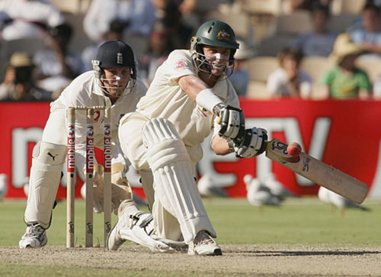 Mike Hussey sweeps during his fifty, Australia v England, 2nd Test, Adelaide, December 5, 2006