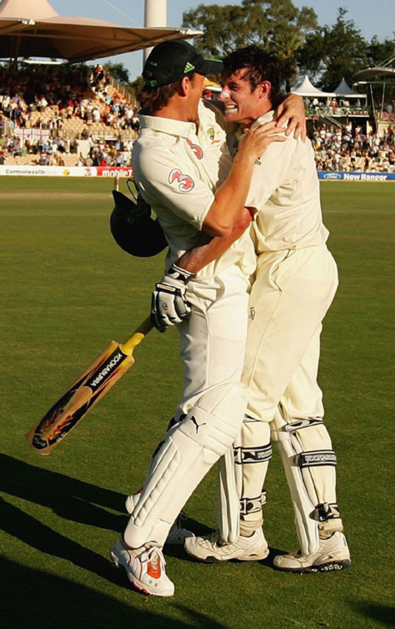 Done it! Michael Hussey and Adam Gilchrist celebrate victory, Australia v England, 2nd Test, Adelaide, December 5, 2006