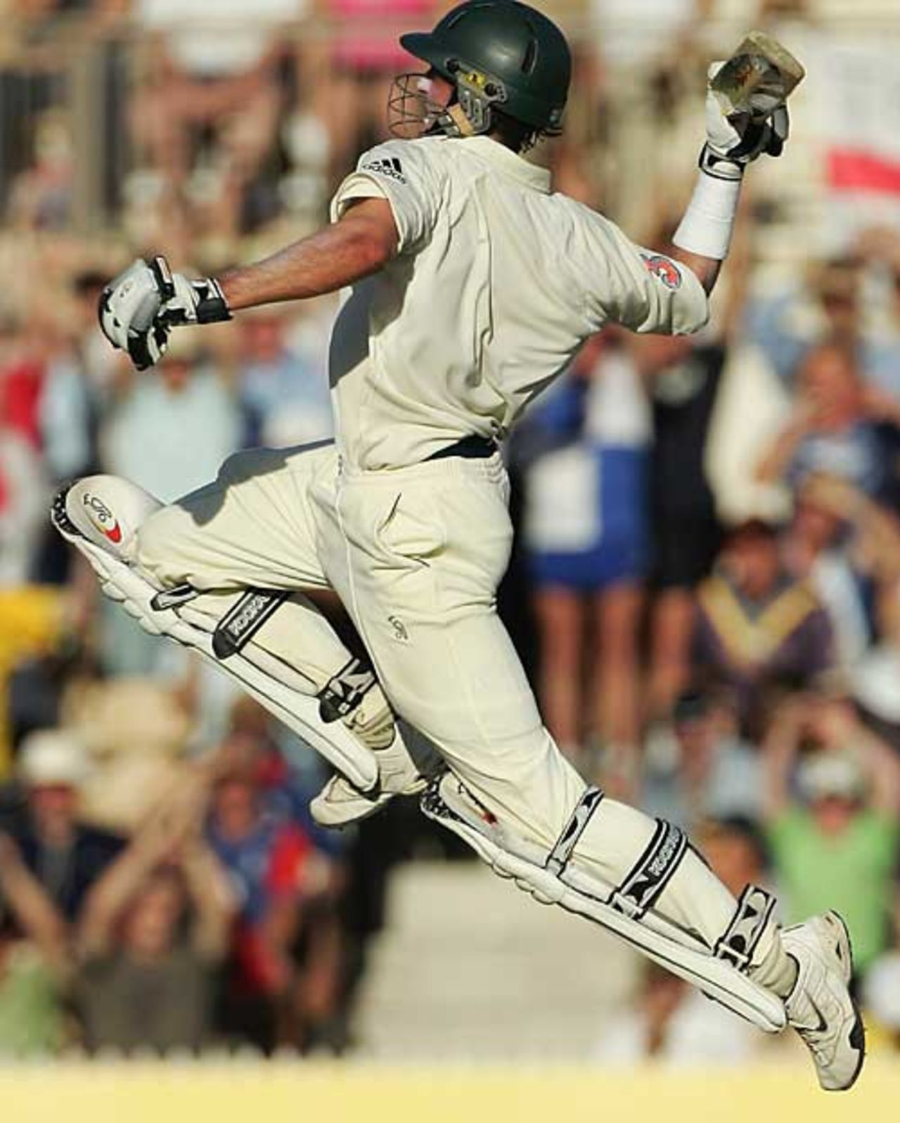 Michael Hussey jumps for joy after hitting the winning runs in Adelaide