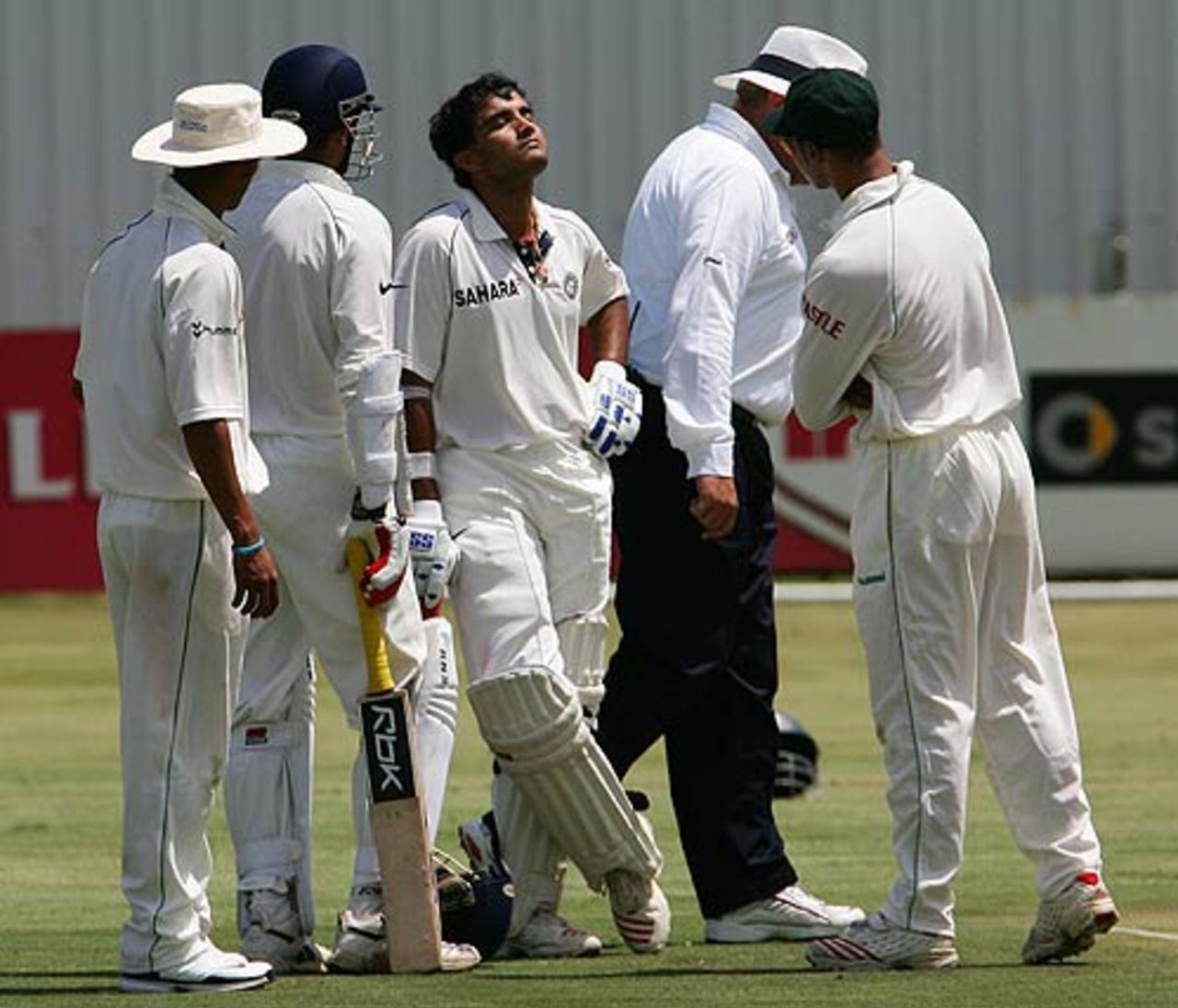 Sourav Ganguly reacts after being struck on the helmet , Rest of South Africa v Indians, Potchefstroom, 1st day, December 7, 2006