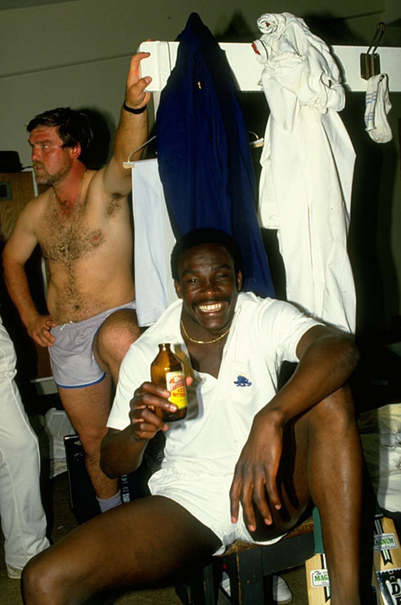 Gladstone Small and Mike Gatting celebrate England's win, Australia v England, 4th Test, Melbourne, December 28, 1986