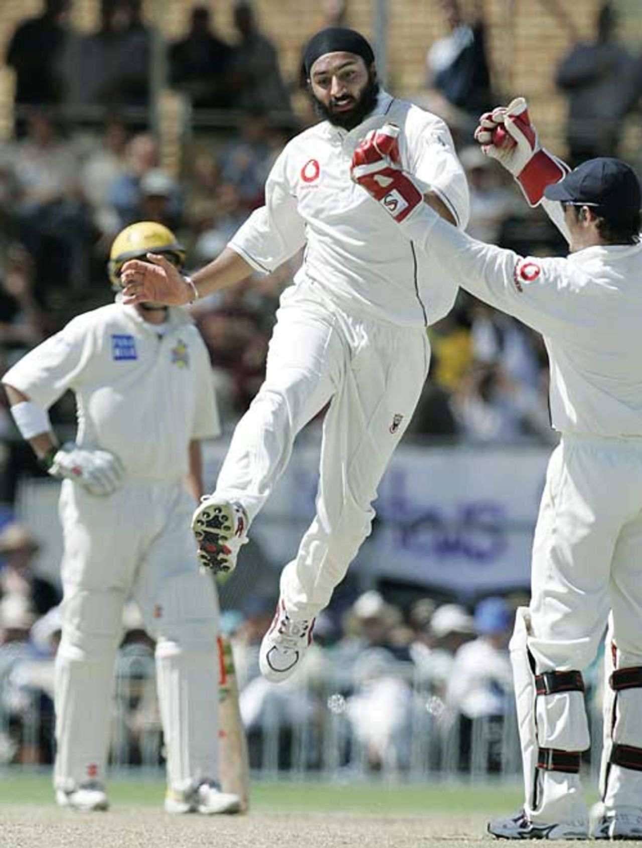 Monty Panesar performs his trademark leap after removing Luke Ronchi, Cricket Australia Chairman's XI v England XI, Lilac Hill, Perth, December 8, 2006
