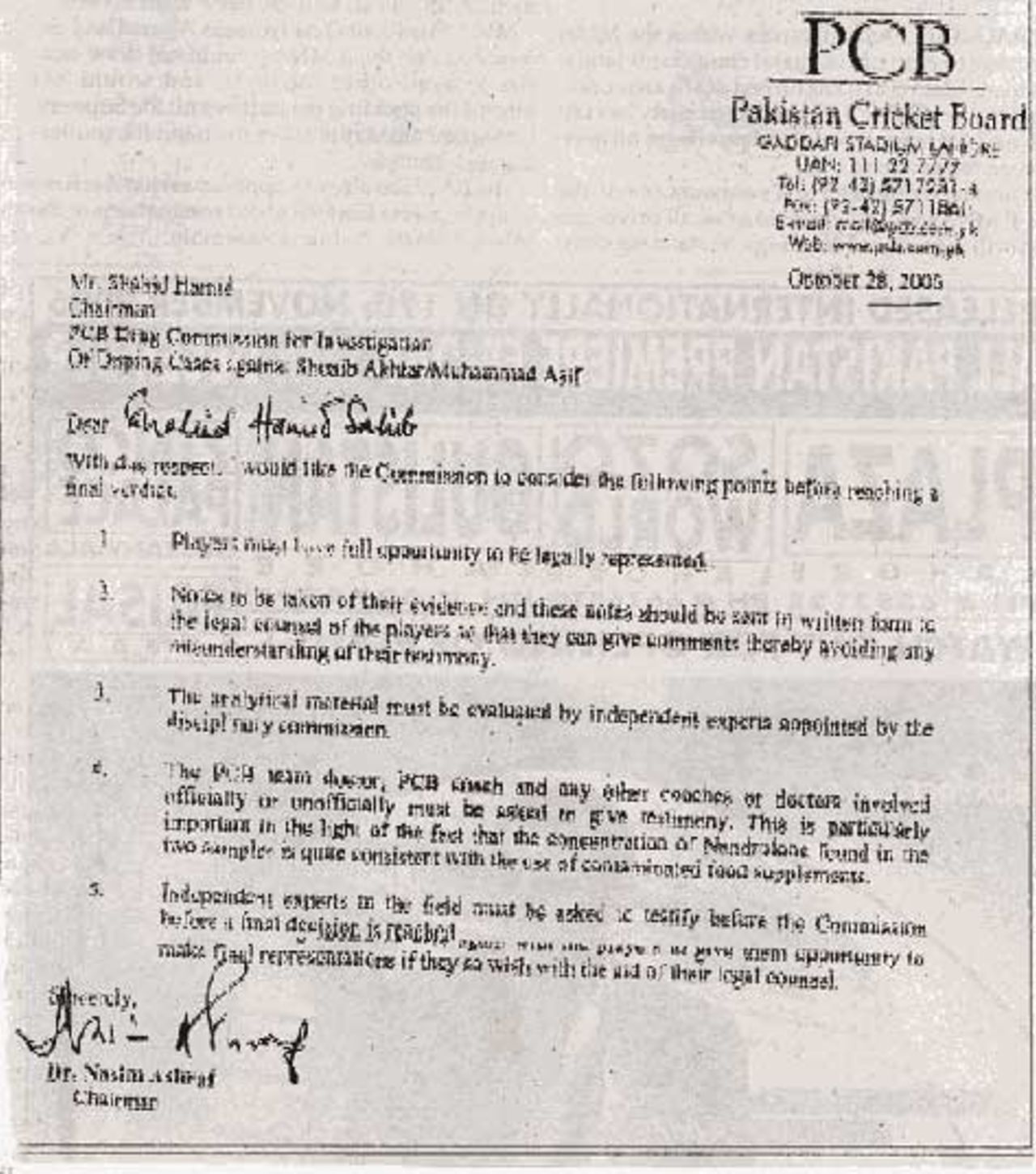 A copy of the letter sent from the PCB to the first drugs tribunal for Shoaib Akhtar and Mohammad Asif, December 9, 2006
