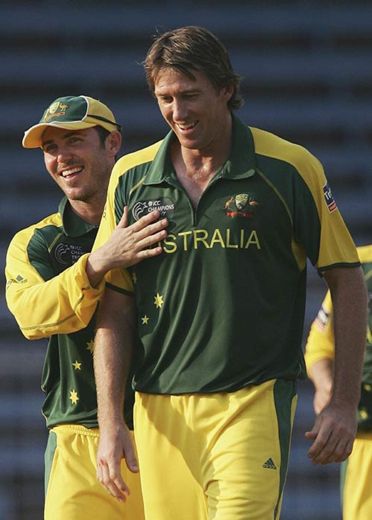 Damien Martyn congratulates Glenn McGrath on a wicket, Mumbai v Australia, Wankhede Stadium, October 12, 2006