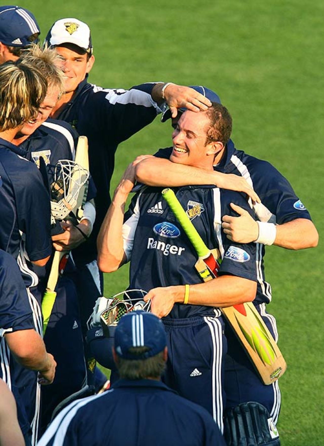 Michael Klinger is mobbed by his team-mates after helping Victoria to their highest ever one-day score, New South Wales v Victoria, Ford Ranger Cup, Canberra, December 10, 2006