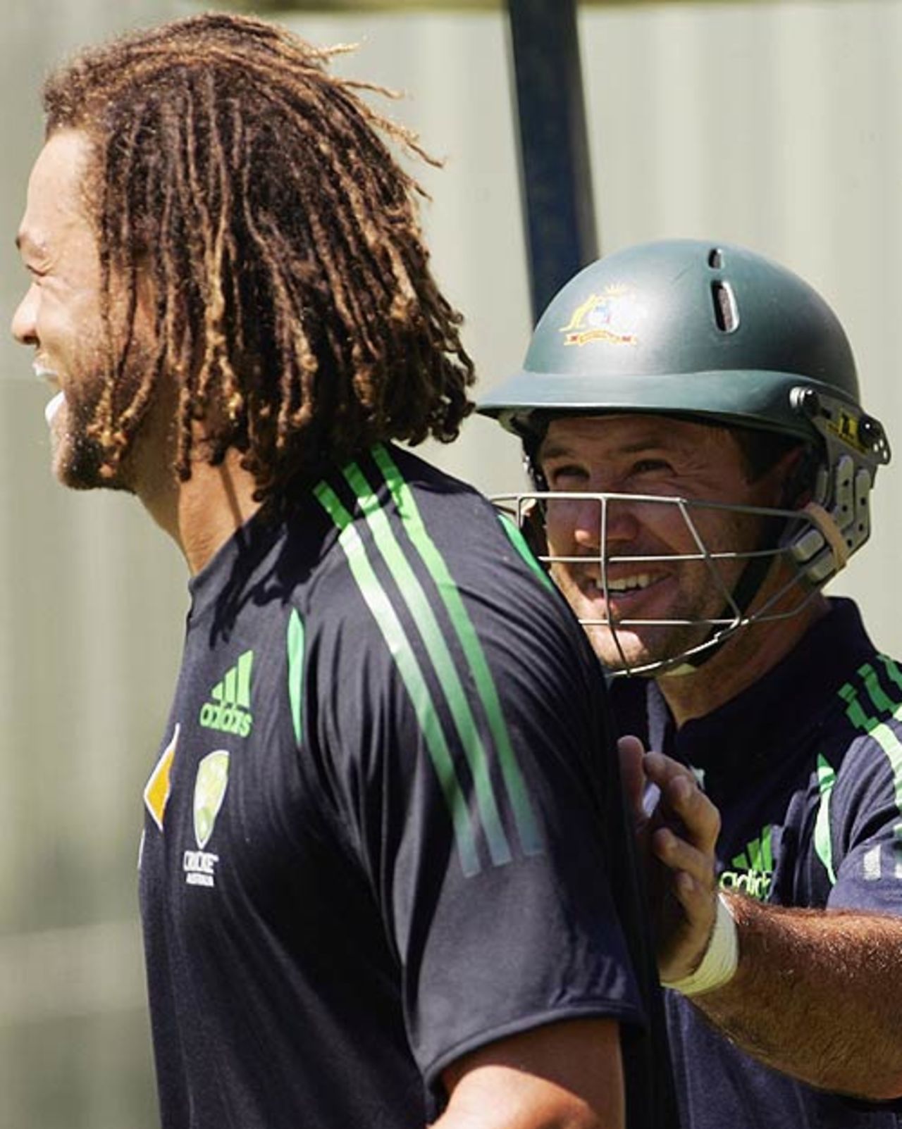 Andrew Symonds and Ricky Ponting enjoy themselves at Australia's net session ahead of the third Test, Perth, December 12, 2006
