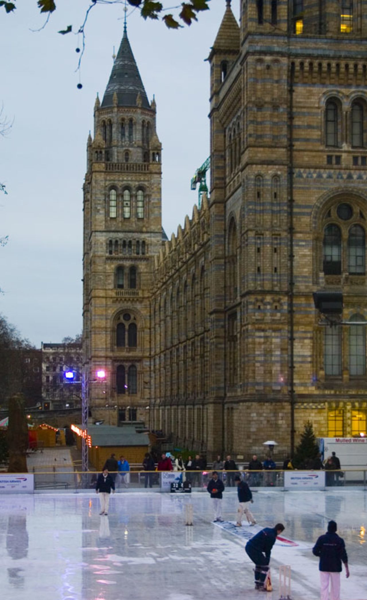 Cricket on an ice rink outside the Natural History Museum in London during a charity match to raise funds for the Ben Hollioake Fund, South Kensington, London, December 13, 2006