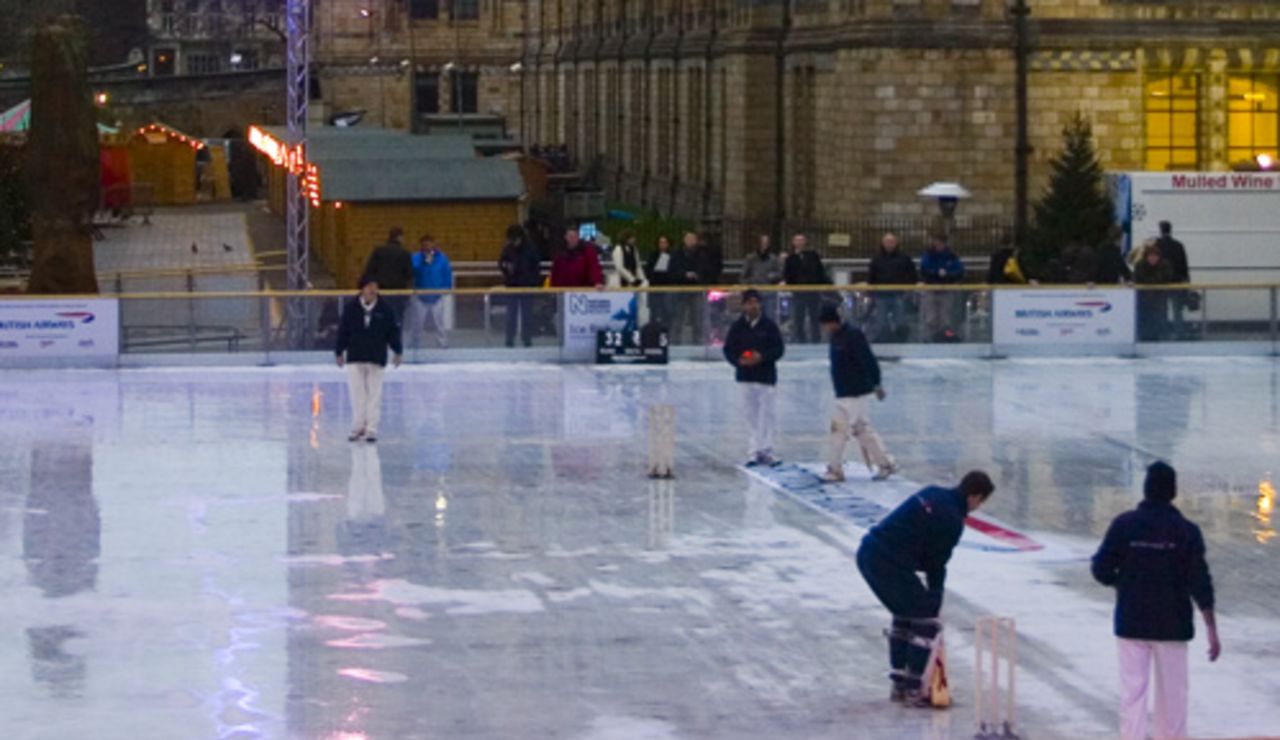 Cricket on an ice rink outside the Natural History Museum in London during a charity match to raise funds for the Ben Hollioake Fund, South Kensington, London, December 13, 2006
