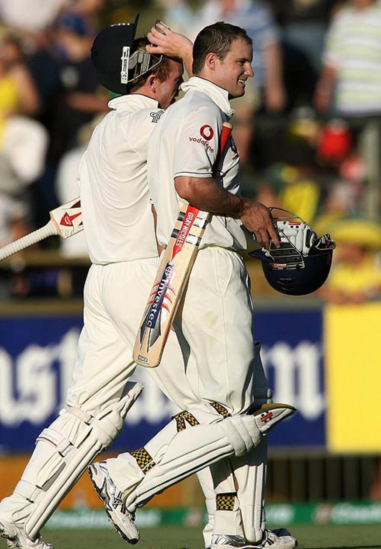 Paul Collingwood and Andrew Strauss leave the field after surviving until stumps, Australia v England, 3rd Test, Perth, December 14, 2006
