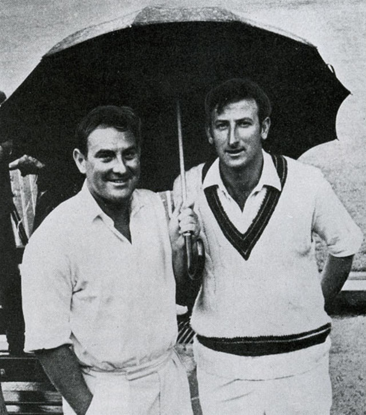 Ray Illingworth and Bill Lawry shelter from the storm during the abandoned Melbourne Test, Australia v England, 3rd Test, MCG, January 2, 1971