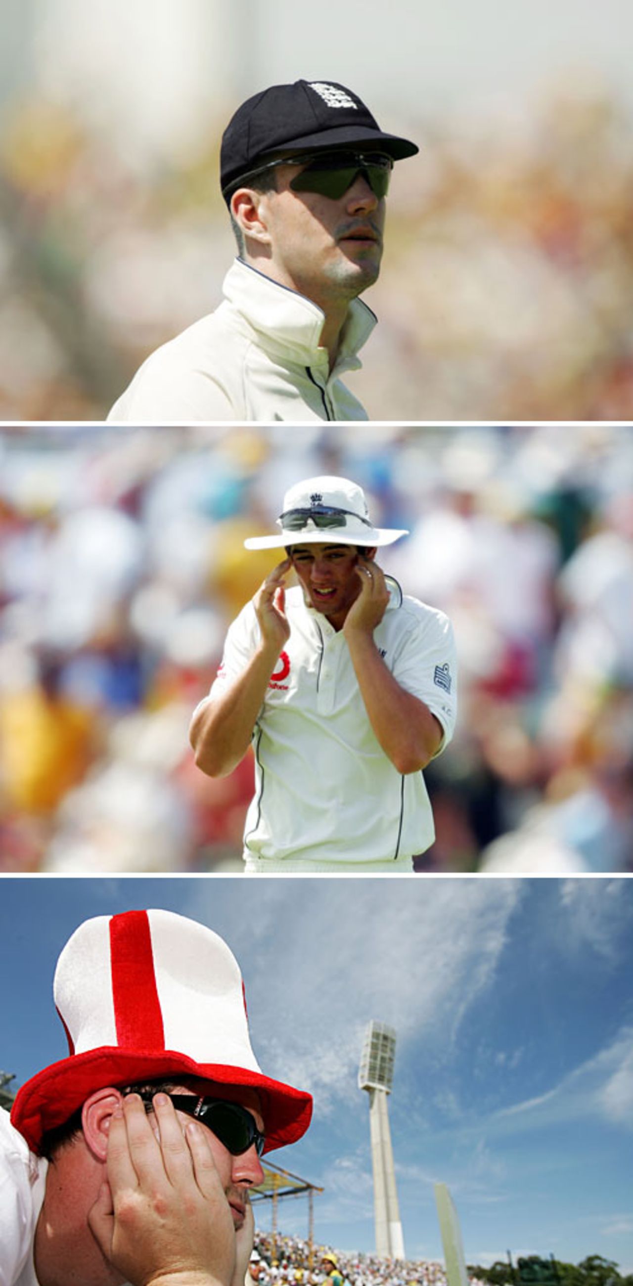 Degrees of despair: Kevin Pietersen, Alastair Cook and an England supporter don't know where to look, Australia v England, 3rd Test, Perth, December 16, 2006
