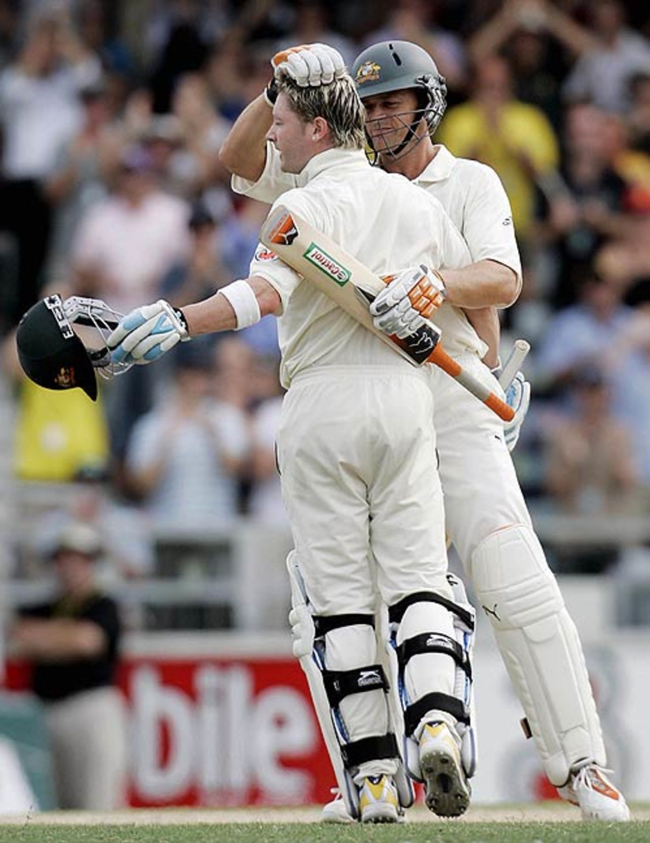 Adam Gilchrist congratulates Michael Clarke on reaching his century, Australia v England, 3rd Test, Perth, December 16, 2006