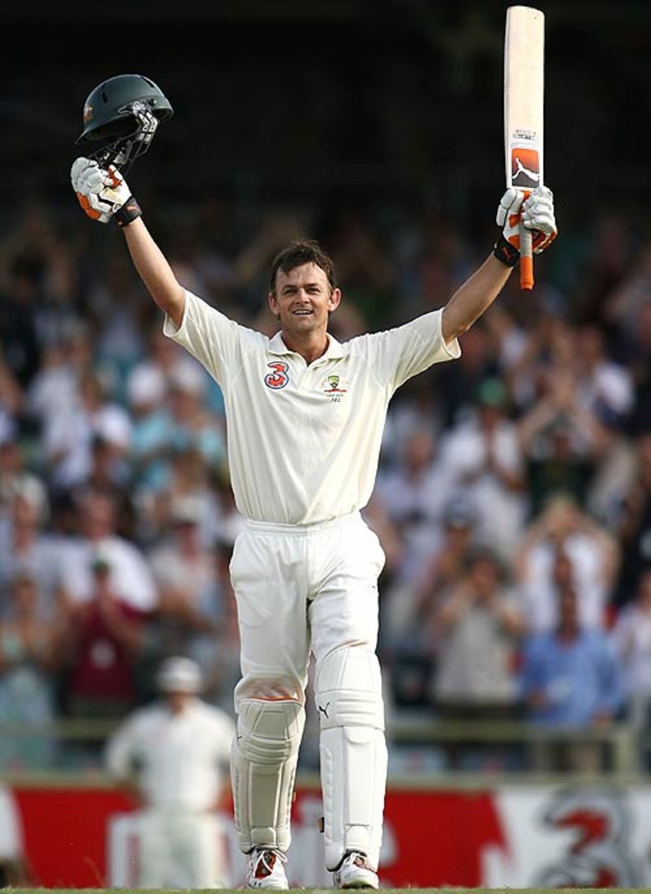Adam Gilchrist celebrates reaching the second-fastest century in Test cricket history, Australia v England, 3rd Test, Perth, December 16, 2006