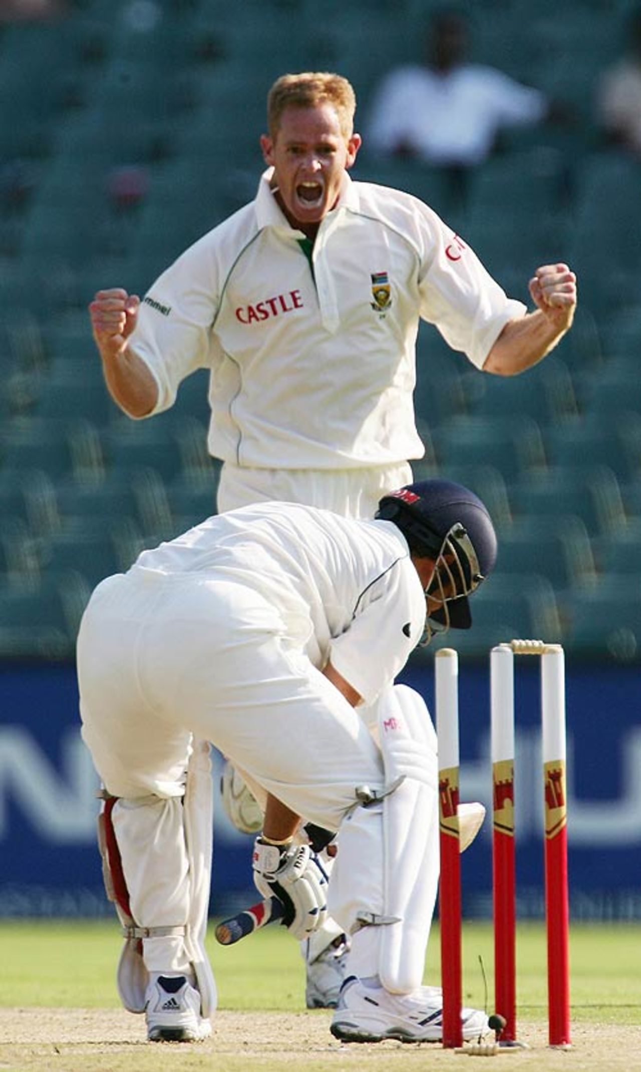 Sachin Tendulkar drags one back onto his stumps and Shaun Pollock is delighted, 1st Test, Johannesburg, 2nd day, December 16, 2006