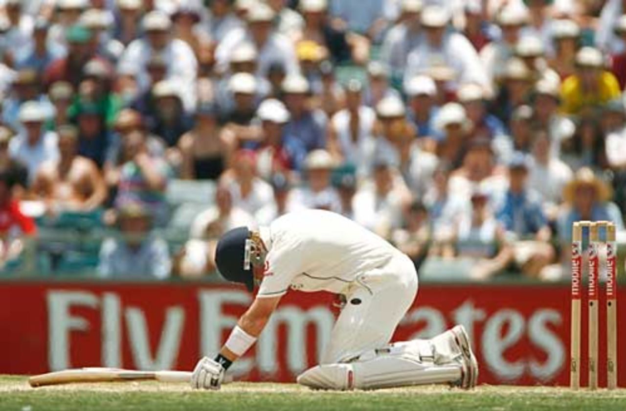 Ian Bell slumps after a painful blow against Glenn McGrath, Australia v England, 3rd Test, Perth, December 17, 2006