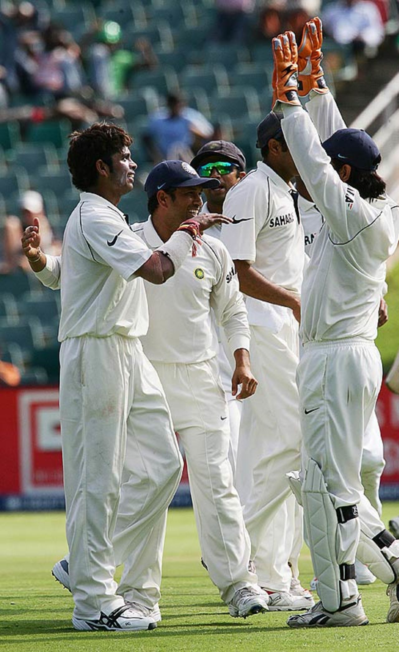 Sreesanth and the rest celebrate another breakthrough, South Africa v India, 1st Test, Johannesburg, 3rd day, December 17, 2006