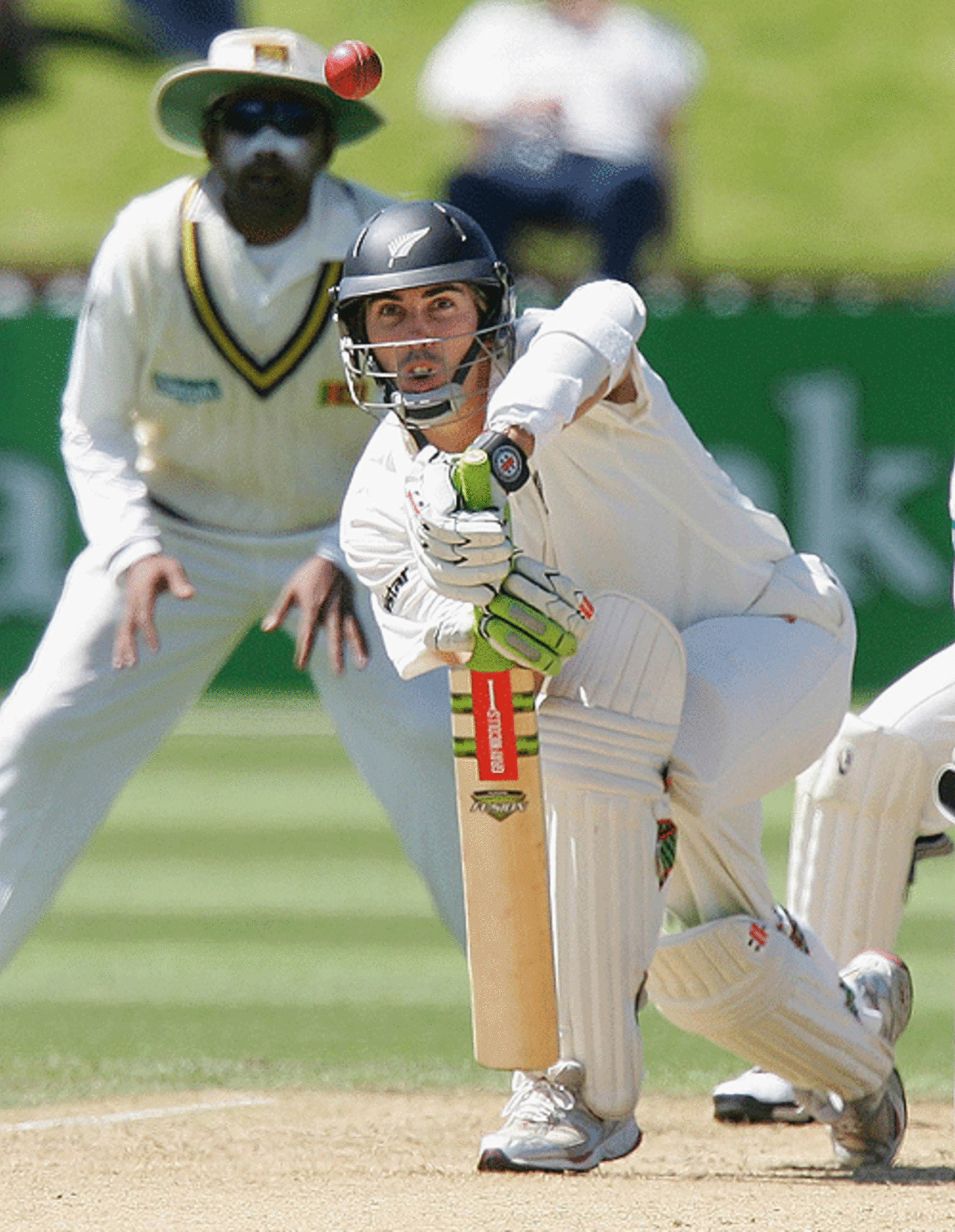 Mathew Sinclair watchfully defends Muttiah Muralitharan, New Zealand v Sri Lanka, 2nd Test, Wellington, December 18, 2006