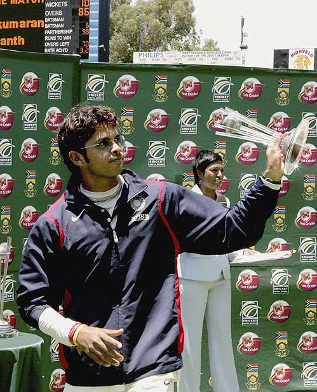 Sreesanth won the Man-of-the-Match award for his match figures of 8 for 99,South Africa v India, 1st Test, Johannesburg, 4th day, December 18, 2006