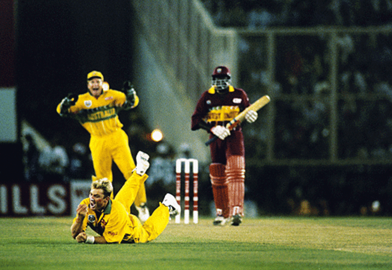 Shane Warne takes a good catch to get Courtney Browne during the 1996 World Cup semi-final, Mohali, March 14, 1996