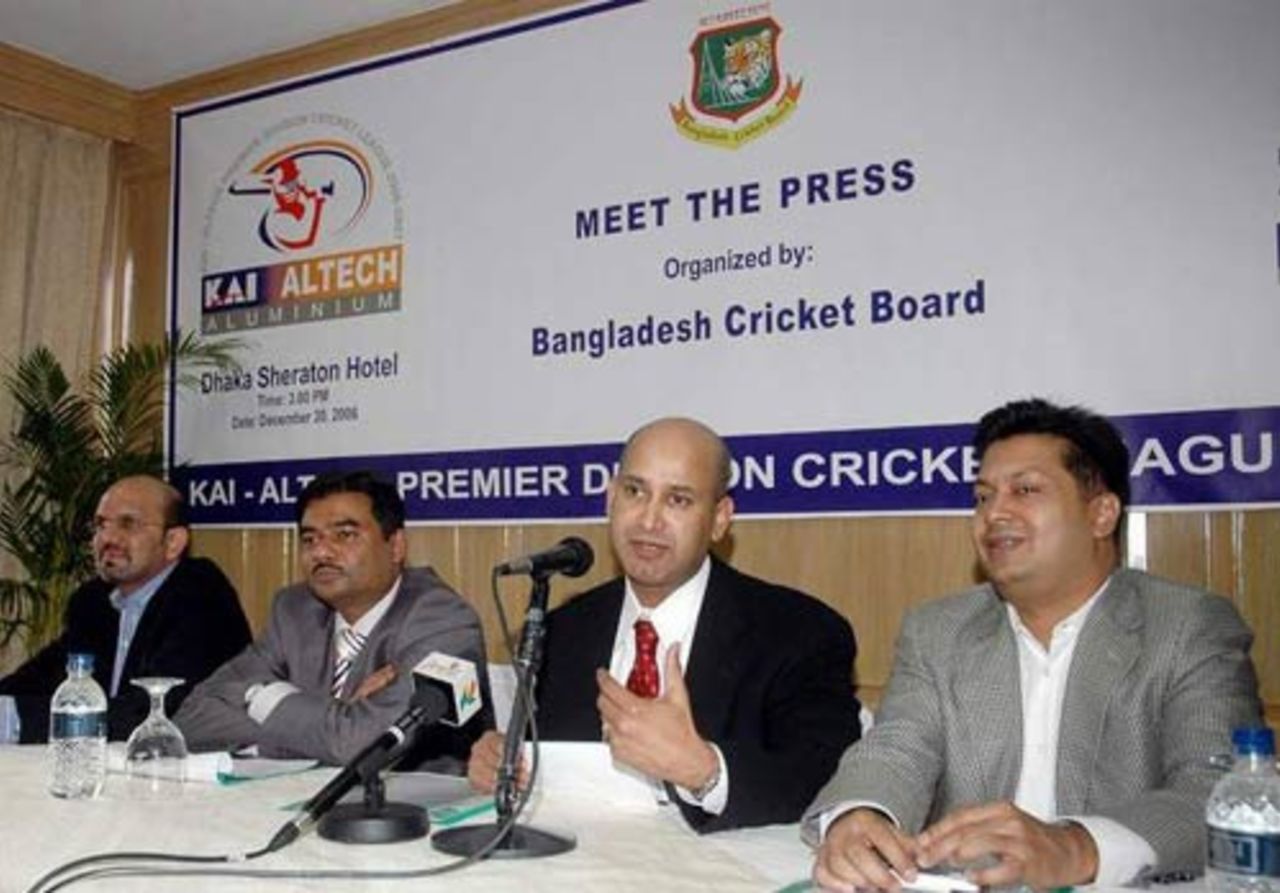 KAI Group's Managing Director Shabbir Ahmed Agha (second from right) speaking during a press conference in relation to their sponsoring of the Premier Division Cricket League 2006-2007 at the Hotel Sheraton, December 20, 2006 
