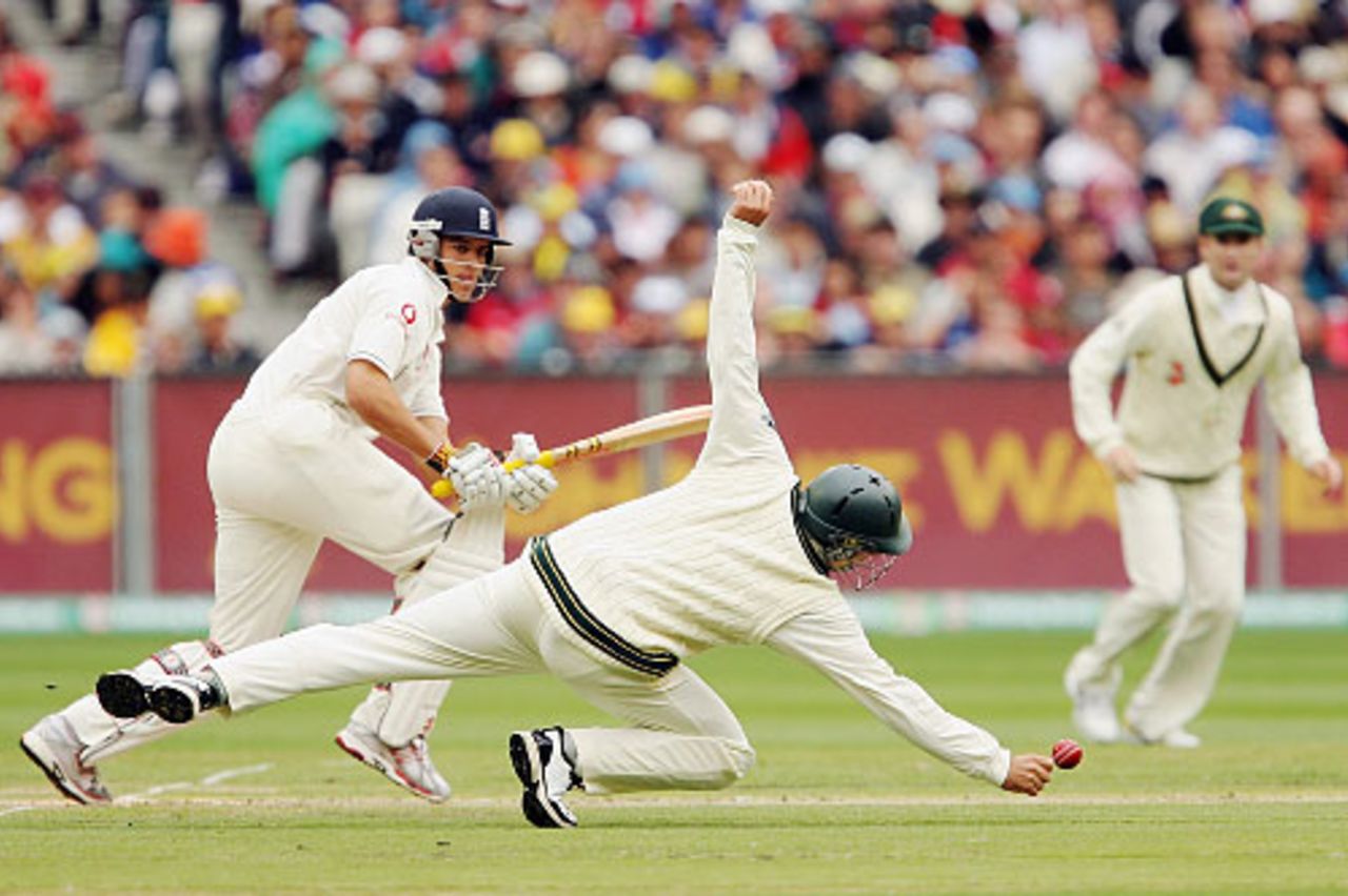 Alastair Cook pushes one just short of Mike Hussey at short leg, Australia v England, 4th Test, MCG, December 26, 2006