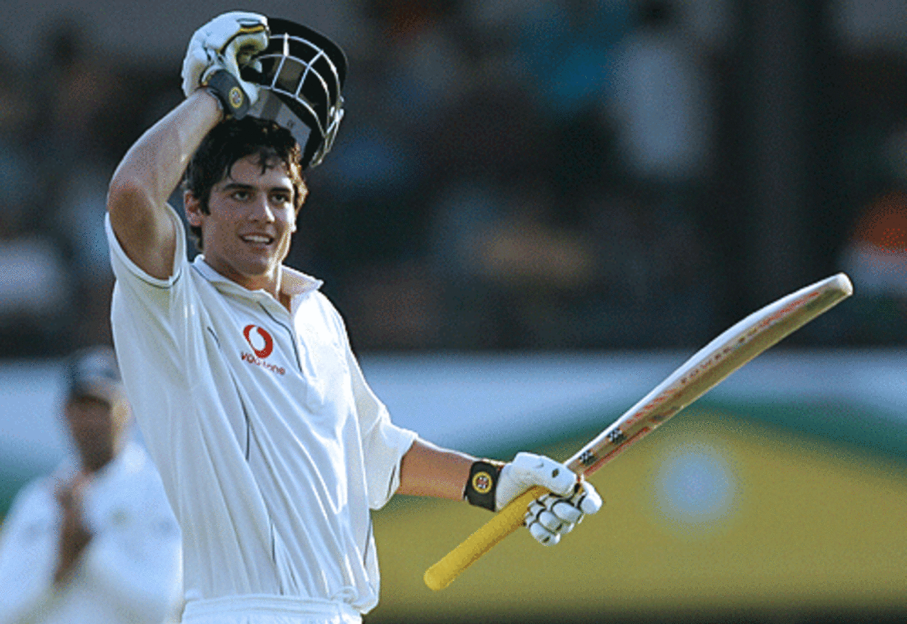 Alastair Cook celebrates a hundred on debut, India v England, 1st Test, Nagpur, March 4, 2006