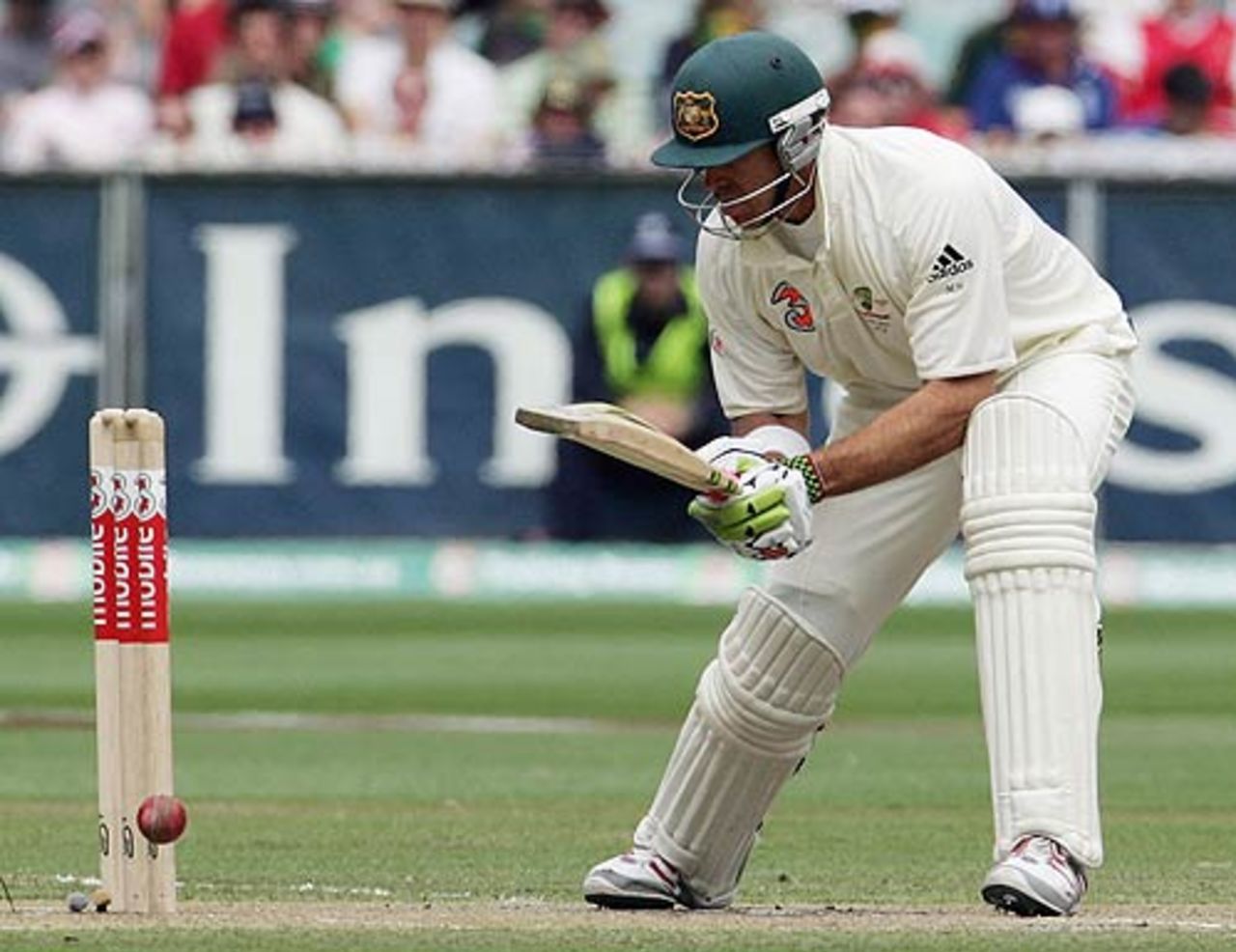 His luck continues: Matthew Hayden watches helplessly as he comes perilously close to being bowled, Australia v England, 4th Test, Melbourne, December 27, 2006