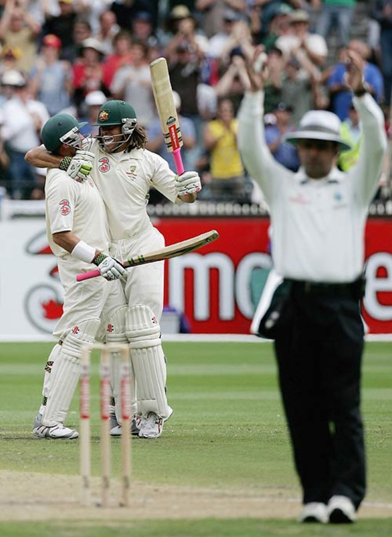 Aleem Dar signals the six that brought Andrew Symonds his first Test century, Australia v England, 4th Test, Melbourne, December 27, 2006