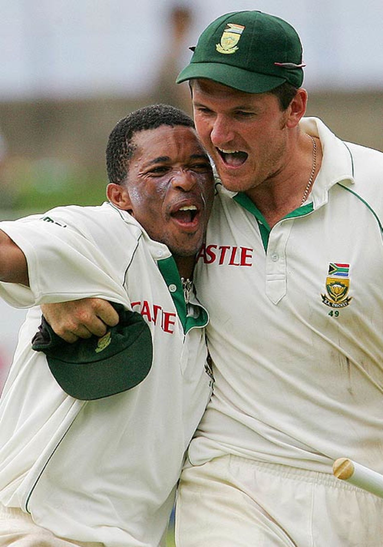 Graeme Smith and Makhaya Ntini are jubilant after a famous win, South Africa v India, 2nd Test, Durban, 5th day, December 30, 2006
