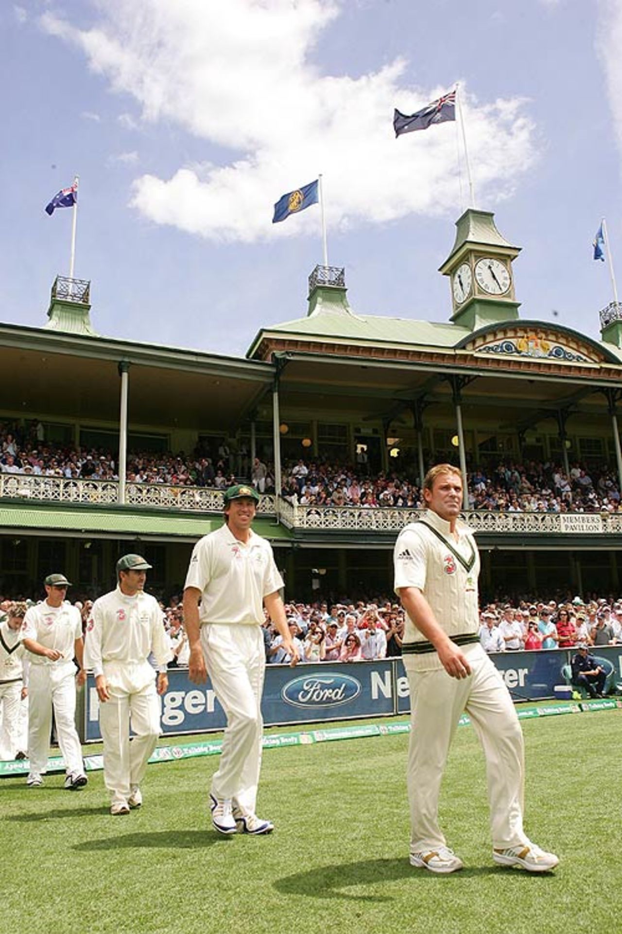 Shane Warne, Glenn McGrath and Justin Langer lead Australia on to the field, Australia v England, 5th Test, Sydney, January 2, 2007