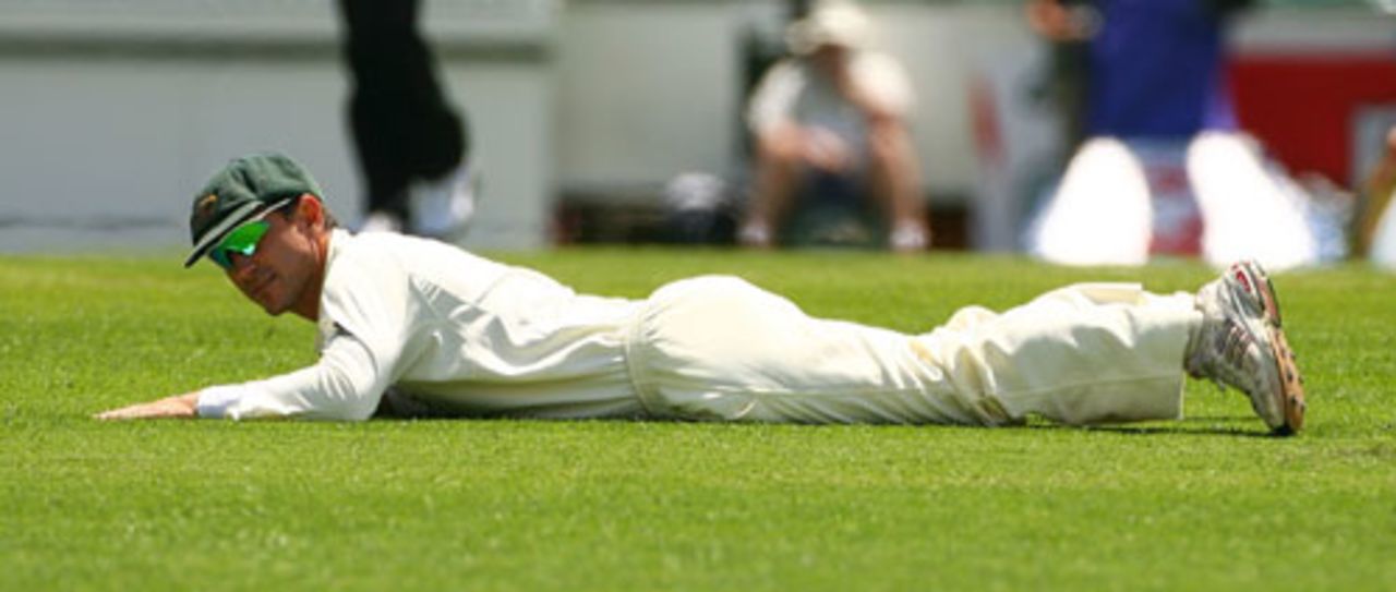 12.5 McGrath to Strauss, no run, Dropped! Strauss drives on the up, a thick edge goes low to Langer's left at third slip and what should have been a straightforward catch is spilled. Langer lies looking at the turf ..., Australia v England, 5th Test, Sydney, January 2, 2007