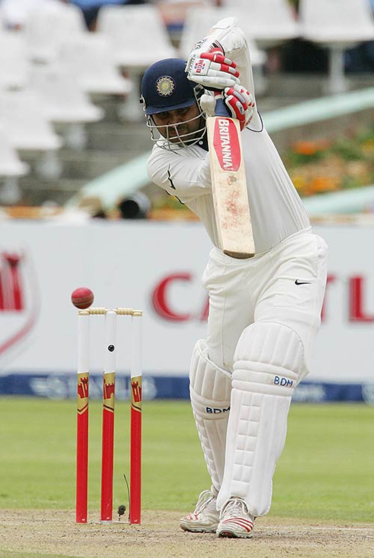 Virender Sehwag drives during his 40, South Africa v India, 3rd Test, Cape Town, 2nd day, January 3, 2007