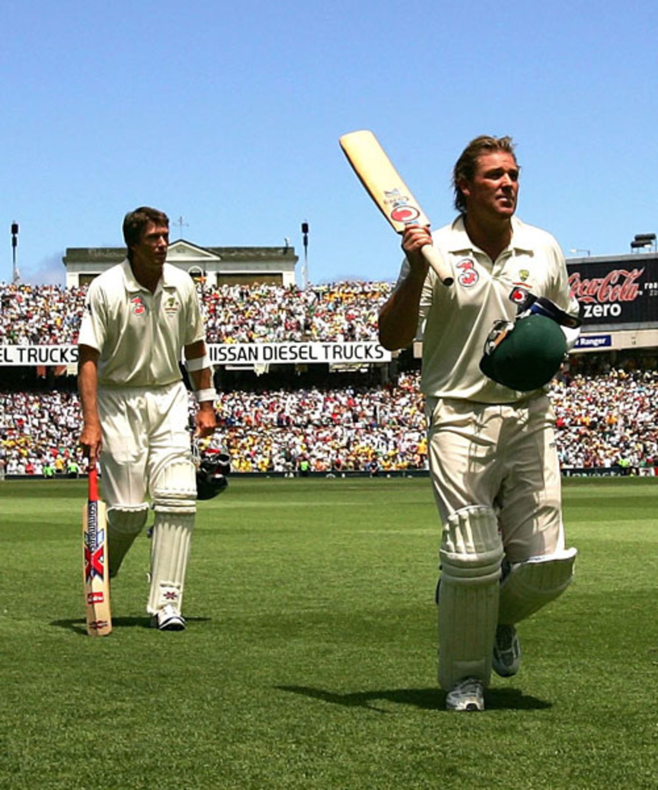 Shane Warne heads off after making 71 with Glenn McGrath trailing in his wake, Australia v England, 5th Test, Sydney, January 4, 2007