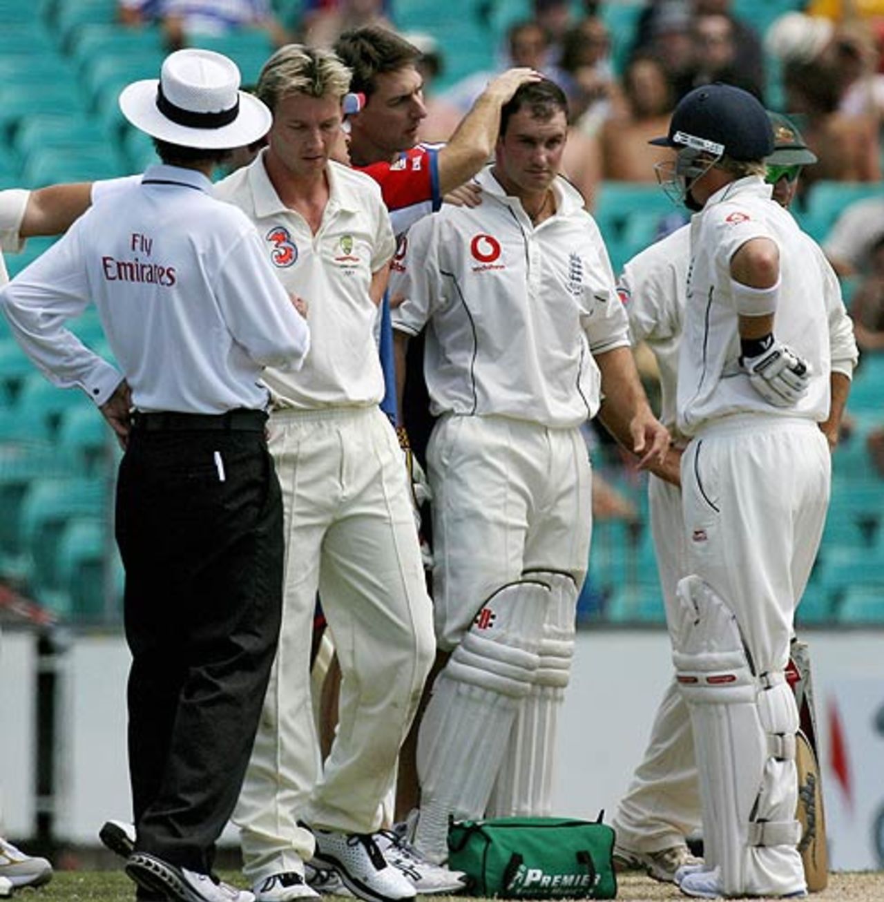 Andrew Strauss recovers after taking a blow to the head from a Brett Lee short ball, Australia v England, 5th Test, Sydney, January 4, 2007