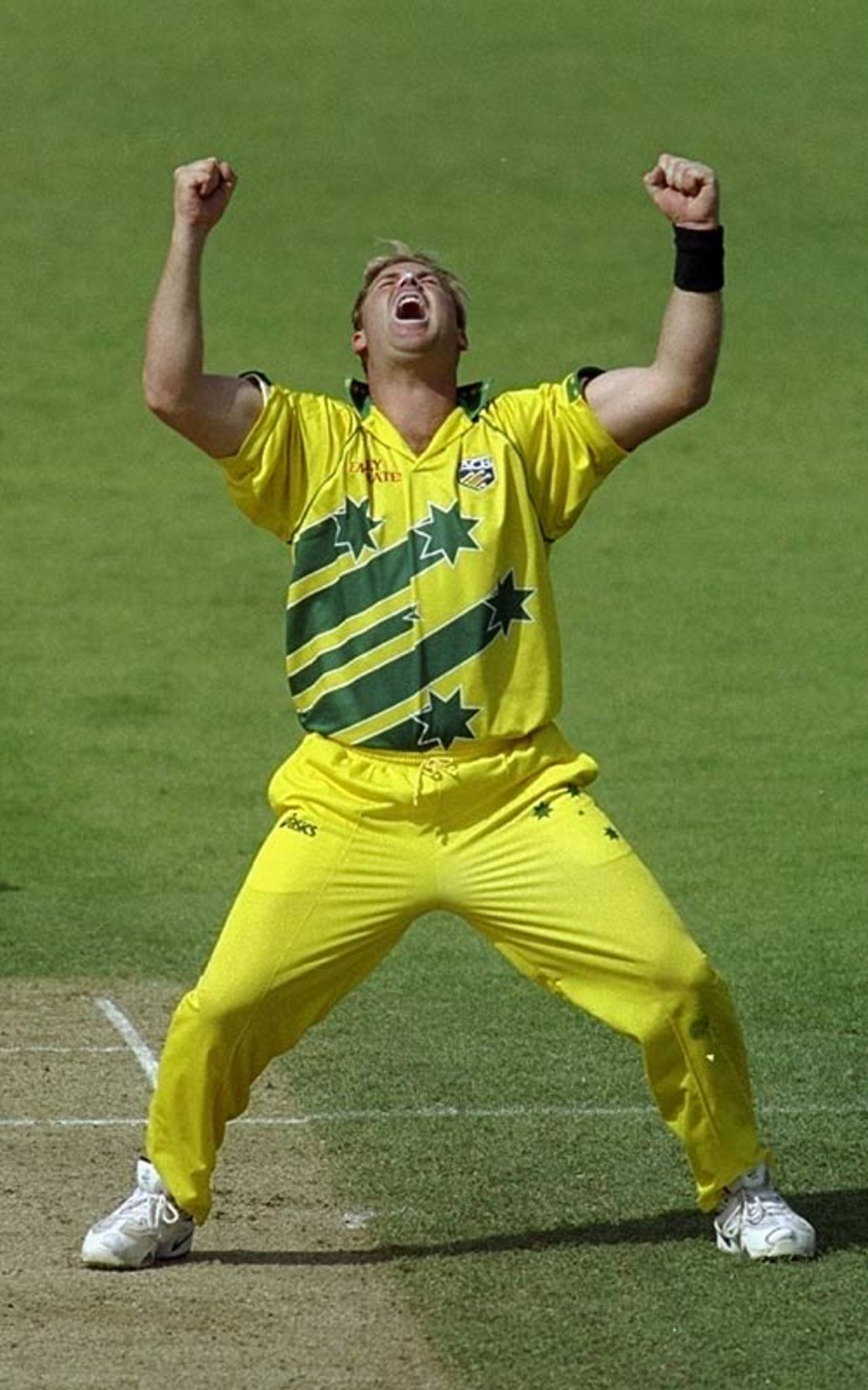 Shane Warne celebrates one of his four wickets, Australia v South Africa, World Cup semi-final, Birmingham, June 17, 1999.