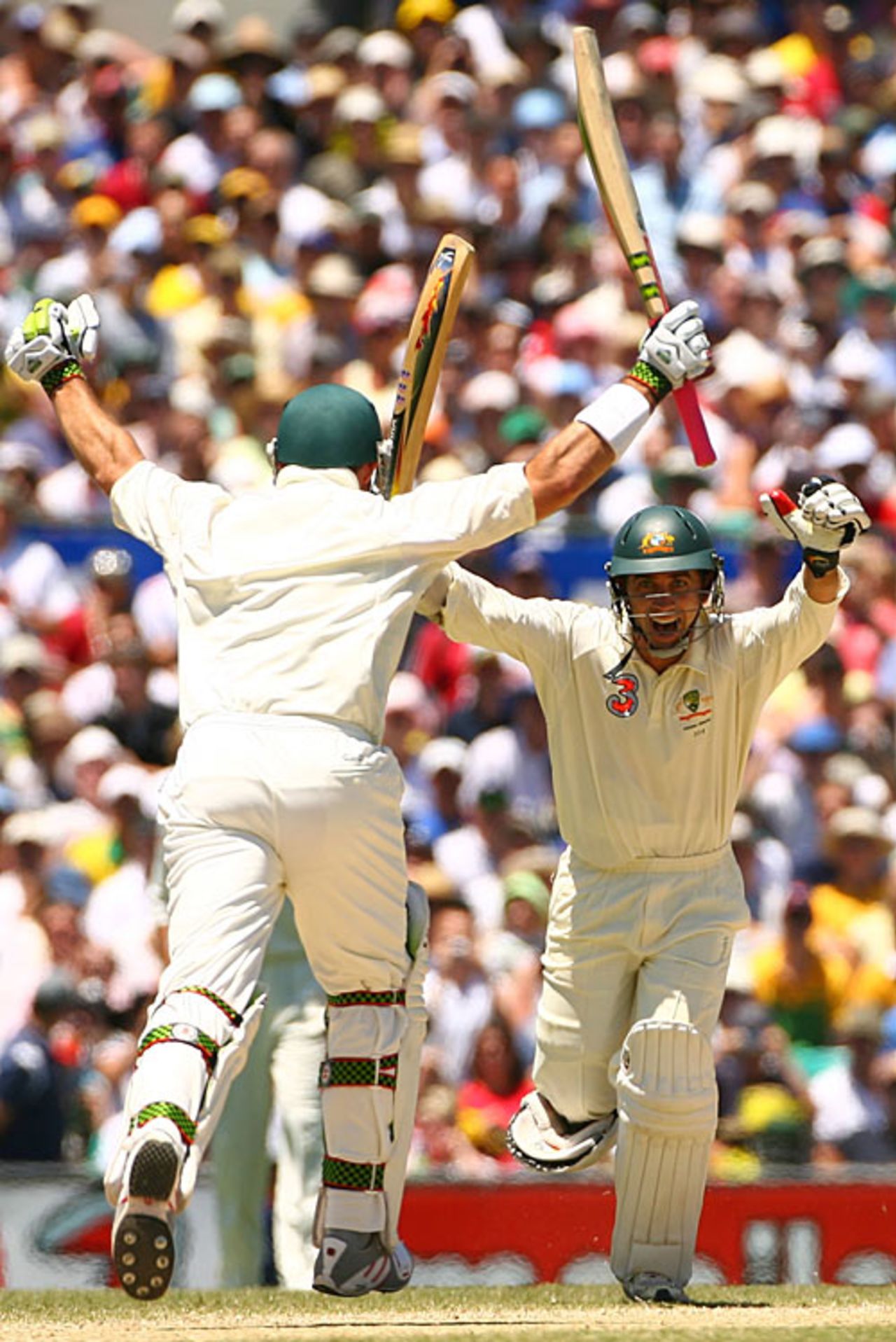The winning moment: Justin Langer and Matthew Hayden, arms raised, celebrate Australia regaining the Ashes, Australia v England, 5th Test, Sydney, January 5, 2007